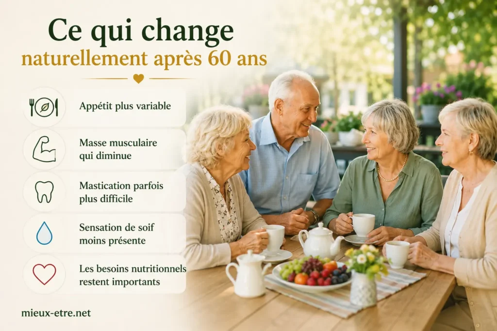 Pour bien manger après 60 ans, il est important de prendre en compte ce qui change naturellement