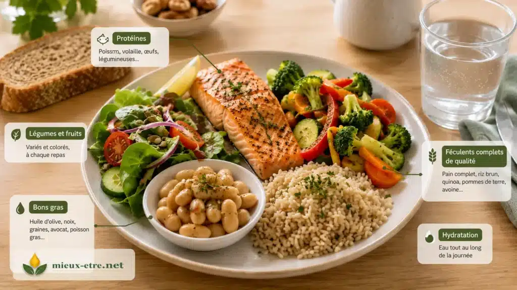 Assiette équilibrée après 60 ans avec protéines, légumes, féculents et bons gras