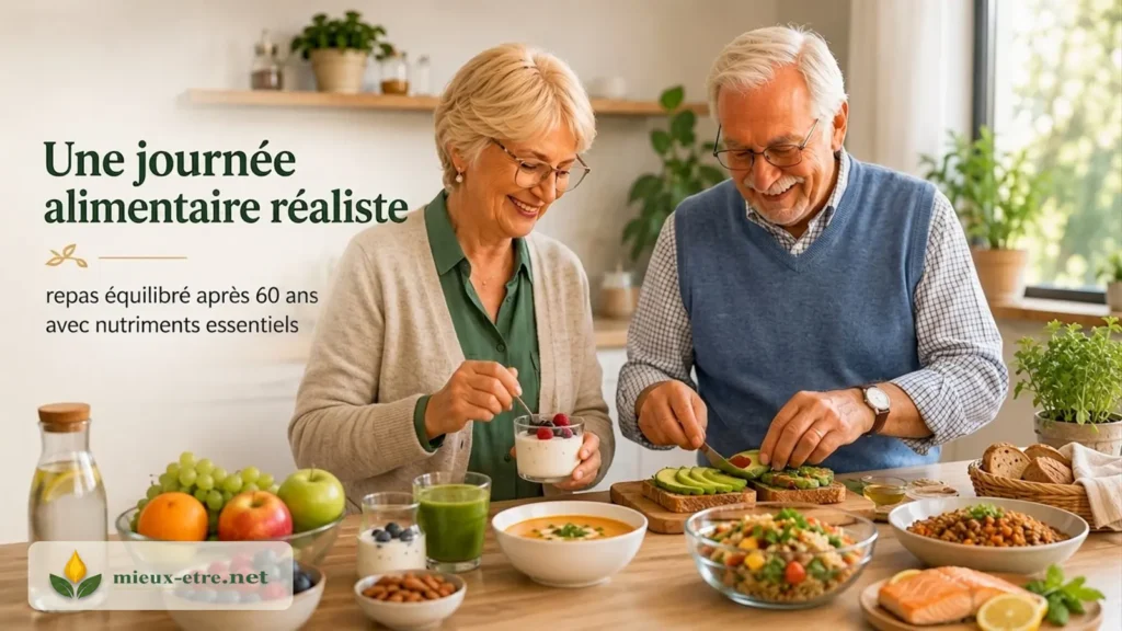 Une journée alimentaire réaliste avec un repas équilibré après 60 ans avec nutriments essentiels