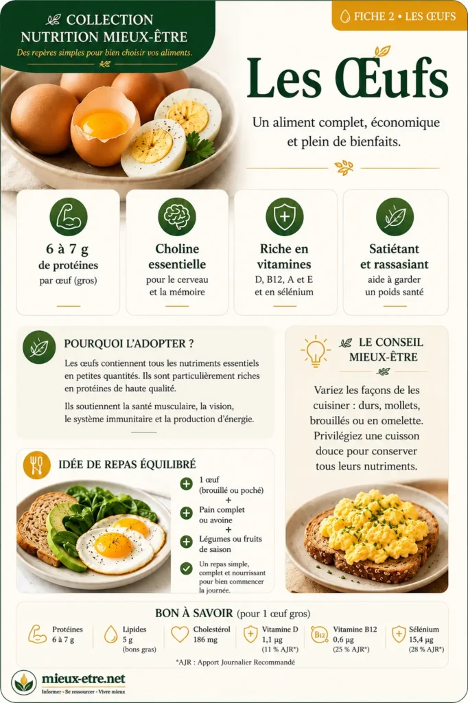 Un œuf fournit environ 6 à 7 grammes de protéines de grande qualité.