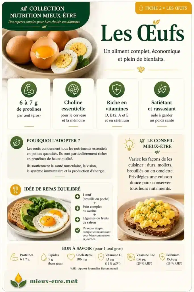 Un œuf fournit environ 6 à 7 grammes de protéines de grande qualité.