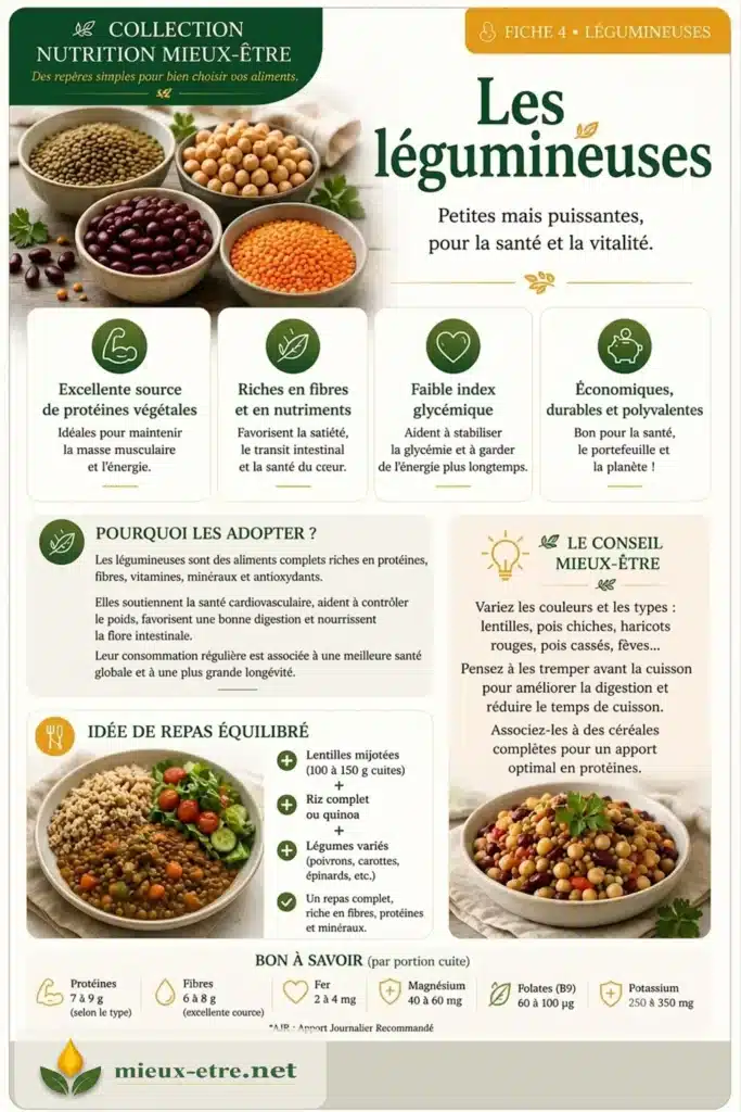 Les lentilles, les pois chiches, les haricots rouges et les fèves apportent des protéines végétales, des fibres et plusieurs minéraux intéressants.