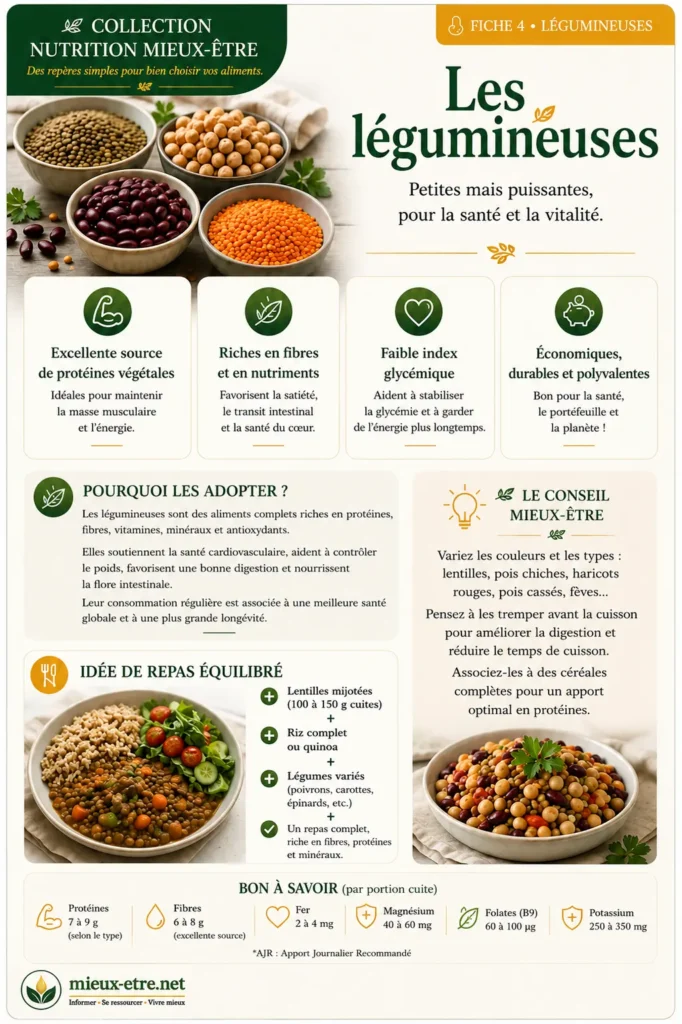 Les lentilles, les pois chiches, les haricots rouges et les fèves apportent des protéines végétales, des fibres et plusieurs minéraux intéressants.