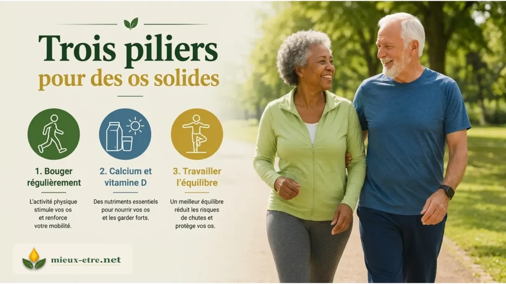 Les 3 piliers essentiels pour renforcer vos os : des exercices adaptés à votre quotidien, les nutriments à ne surtout pas négliger, et des conseils pour travailler votre équilibre et prévenir les chutes
