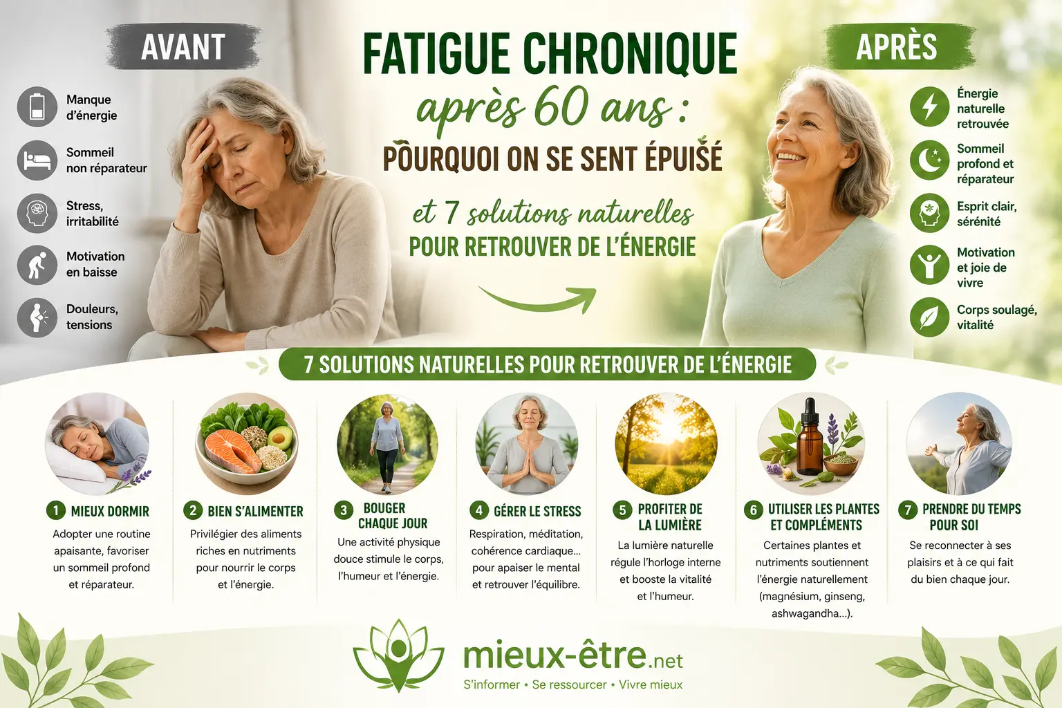 La fatigue chronique après 60 ans touche beaucoup de personnes — mais ce n'est pas une fatalité. Découvrez pourquoi l'énergie diminue avec l'âge et 7 solutions naturelles pour retrouver votre vitalité au quotidien.