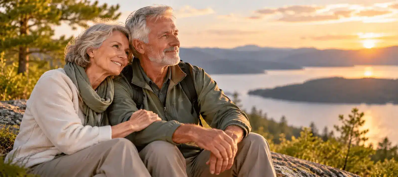 Couple de seniors profitant ensemble d'un moment paisible face au paysage